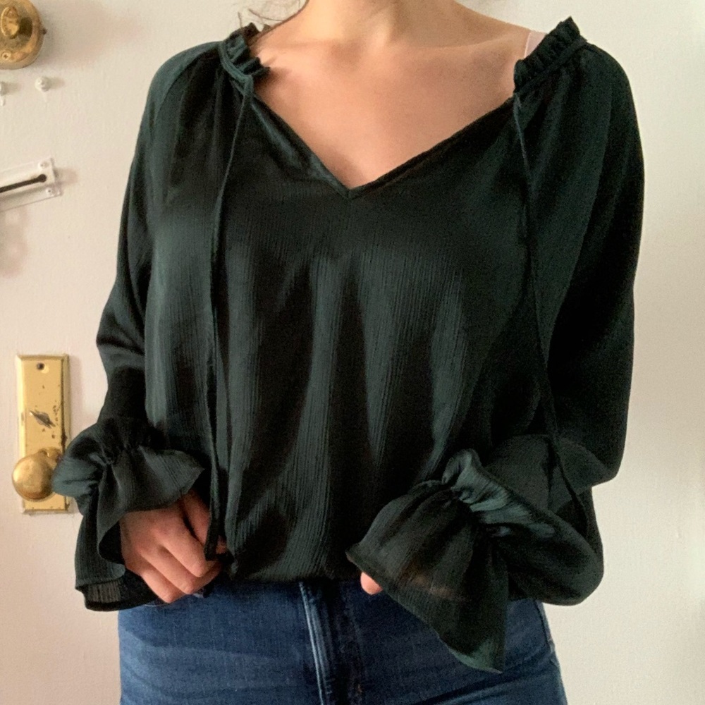 LARGE Emerald ruffle tie front long sleeve blouse